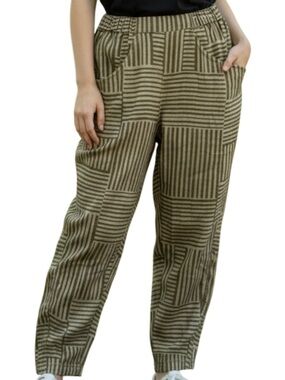 Umgee L Olive Green Striped Patchwork Joggers